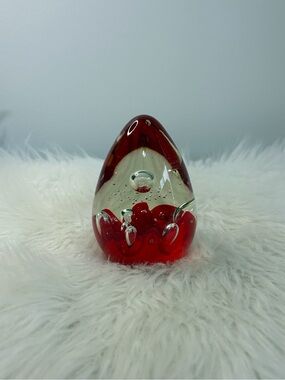 (215)Red Glass Decorative Art Egg - Clear Encased Accent Paperweight